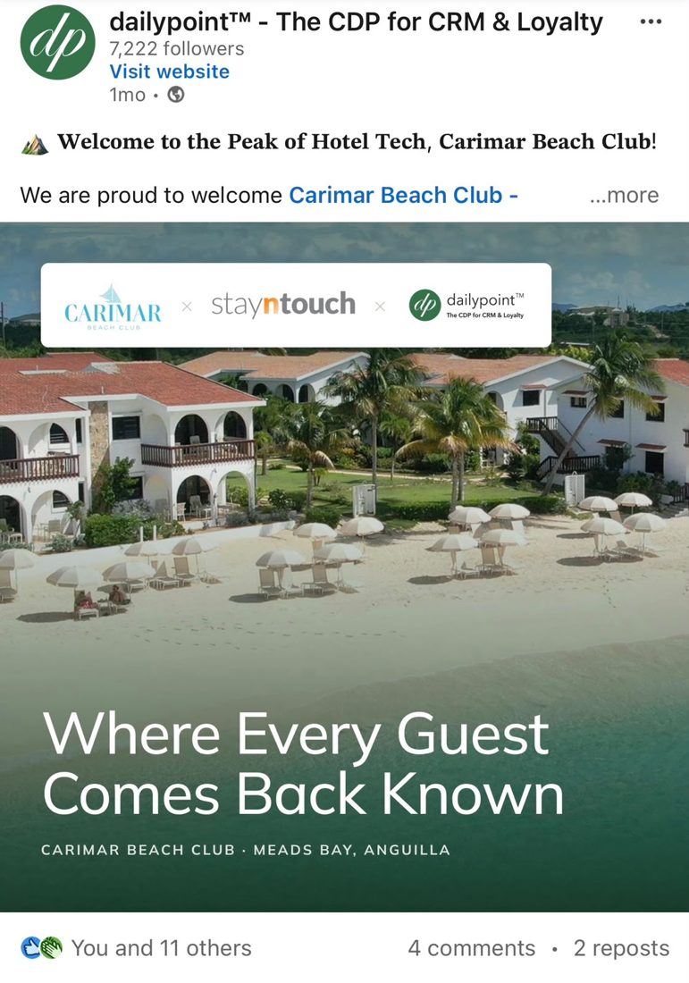 Carimar Beach Club partnership LinkedIn post