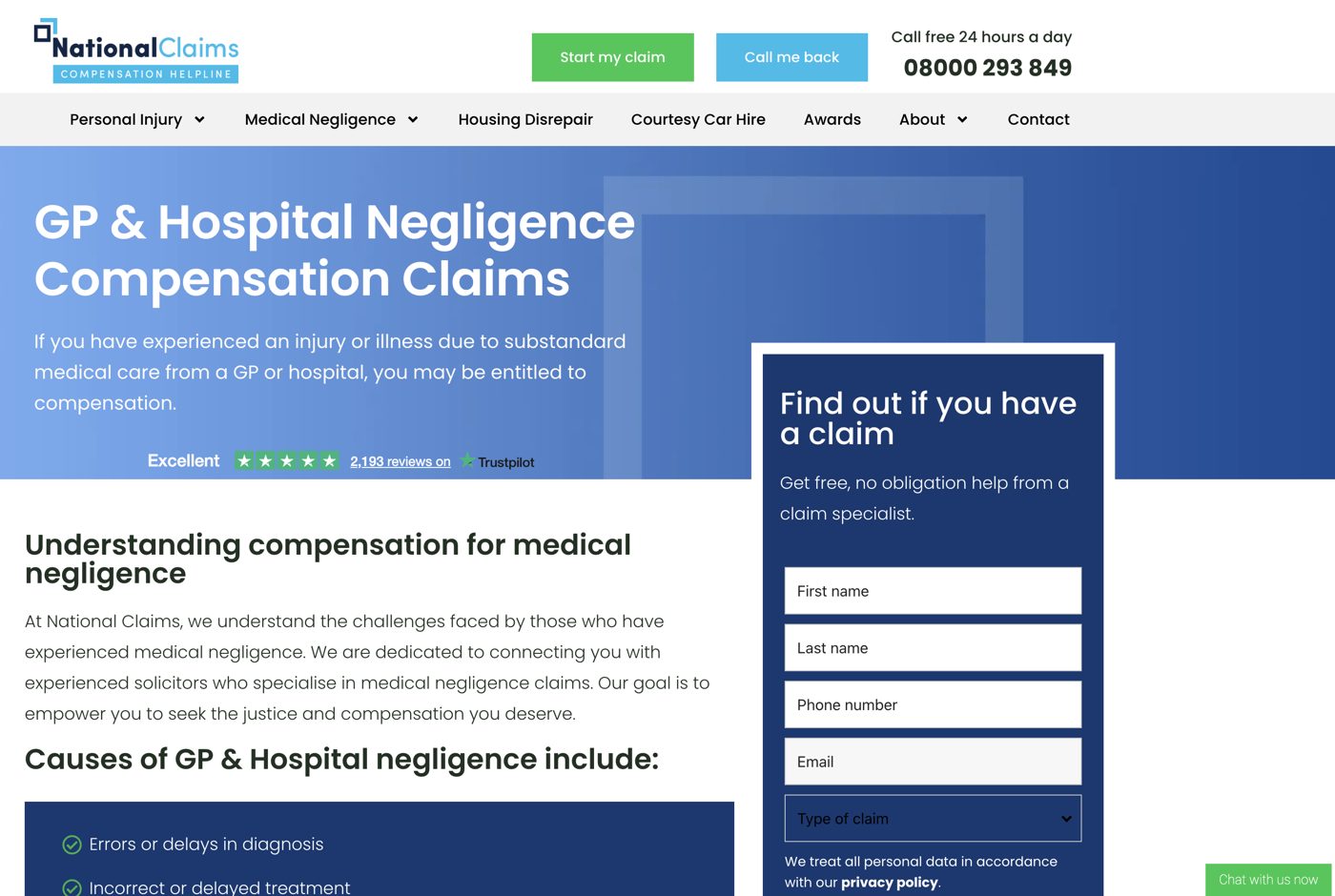 National Claims GP and Hospital Negligence landing page with claim form, call buttons and Trustpilot rating