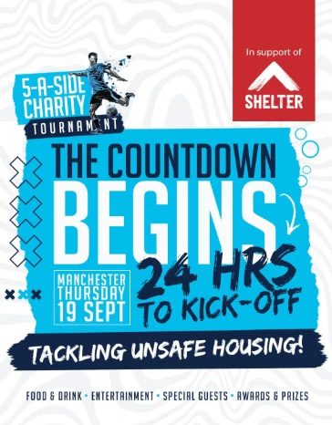 Charity 5-a-side tournament flyer in support of Shelter