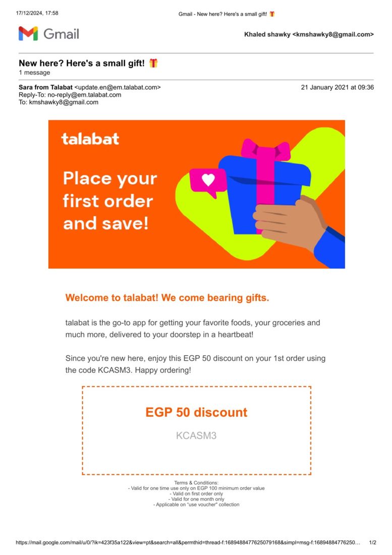 Talabat welcome email with EGP 50 first-order discount